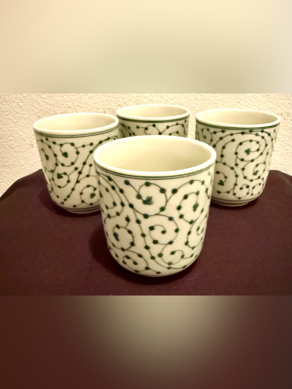 4 IKEA 8oz Entusiasm cups traditional green swirling vine pattern, white ceramic